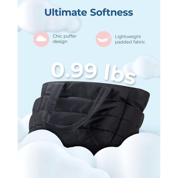 Women Black Lightweight Puffy Tote Bag for Travel Beach Gym With Multi-pocket - Picture 2 of 7